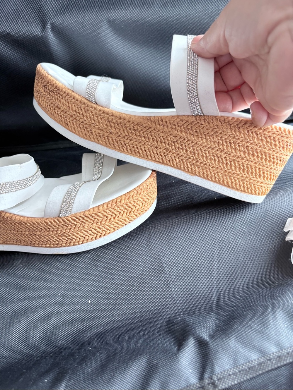 Italian Shoemakers White Wedge Sandals with Rhinestone Straps - Picture 2 of 5